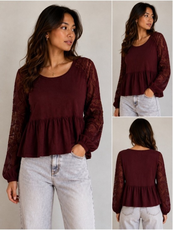 Free People Tops - Free People Burgundy Lace Sleeve Peplum Top Size Medium Boho Romantic